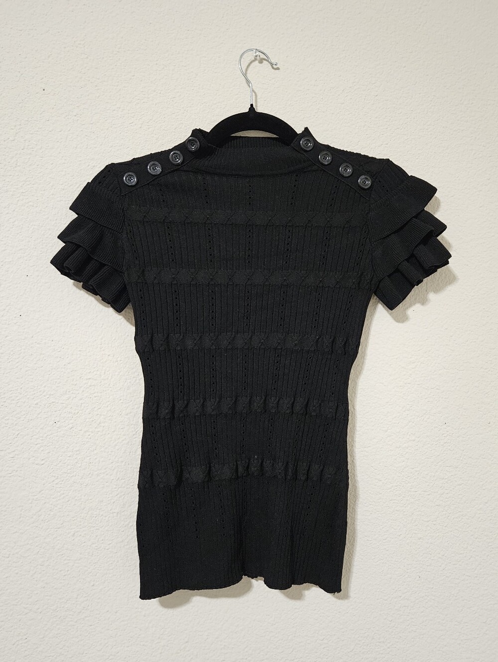 Black Short-Sleeve Ribbed Knit Top with Button-Shoulder Detail - Women